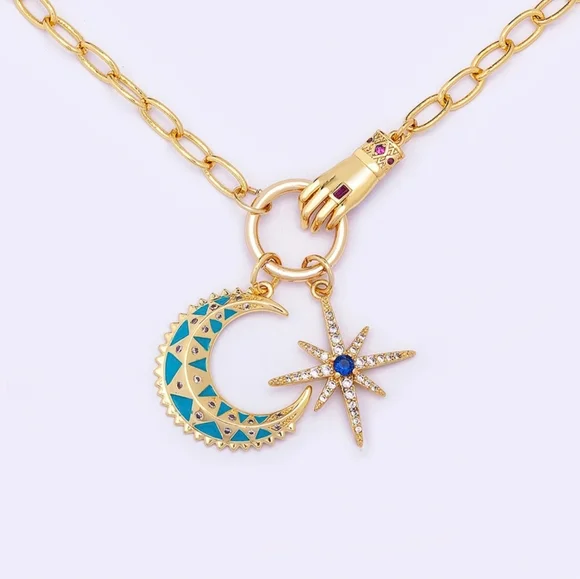 🆕️Crescent Moon & Starburst Paper Clip Chain 18k Gold Plated Necklace CZ NEW - Picture 6 of 6